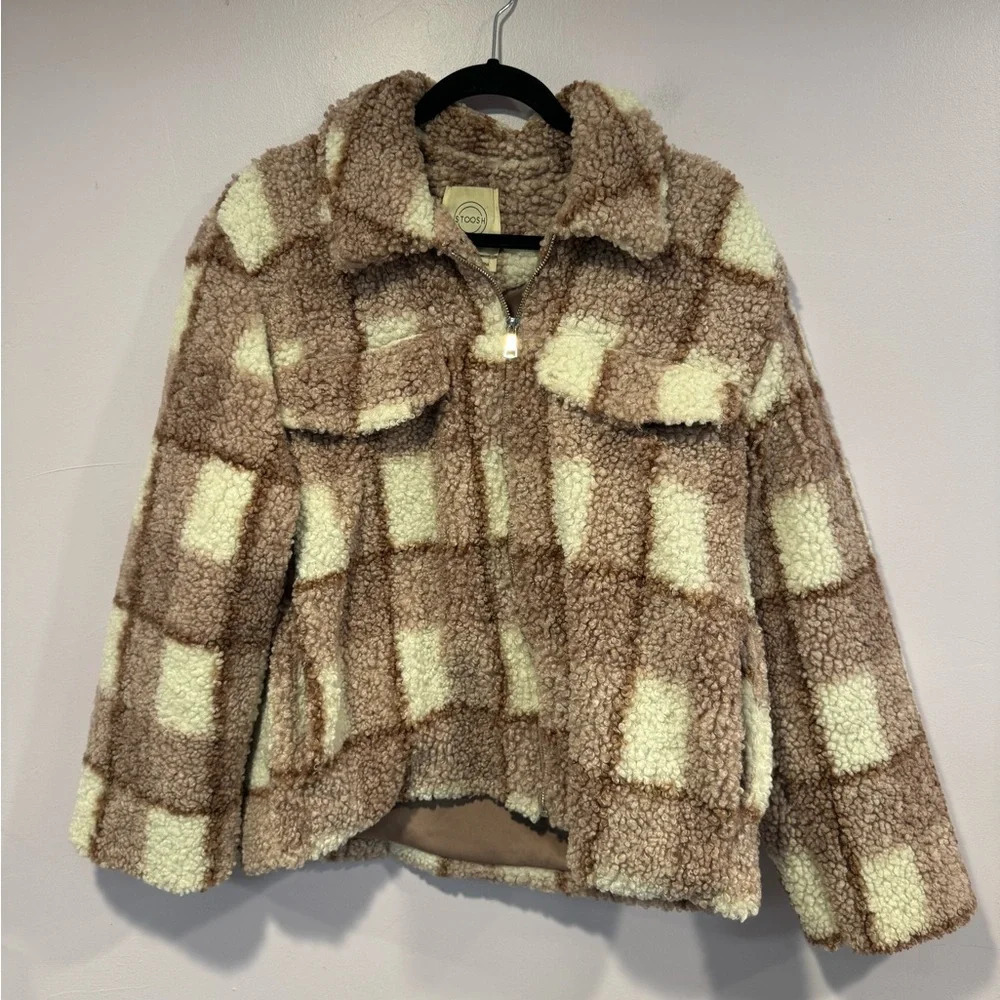 Stoosh Pink‎ and White Plaid Fuzzy Sherpa Zip Up Jacket Womens Large